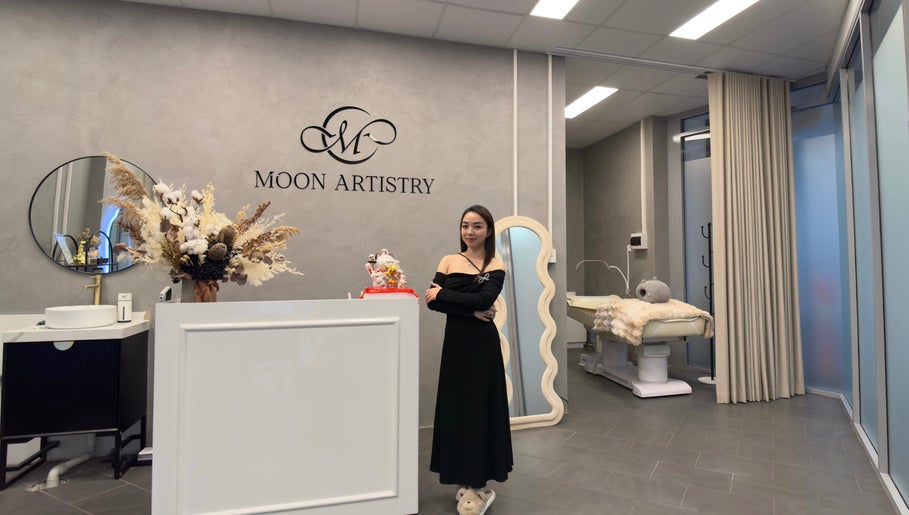 Reception area of Moon Artistry Canterbury in New South Wales featuring a stylish and serene ambiance.