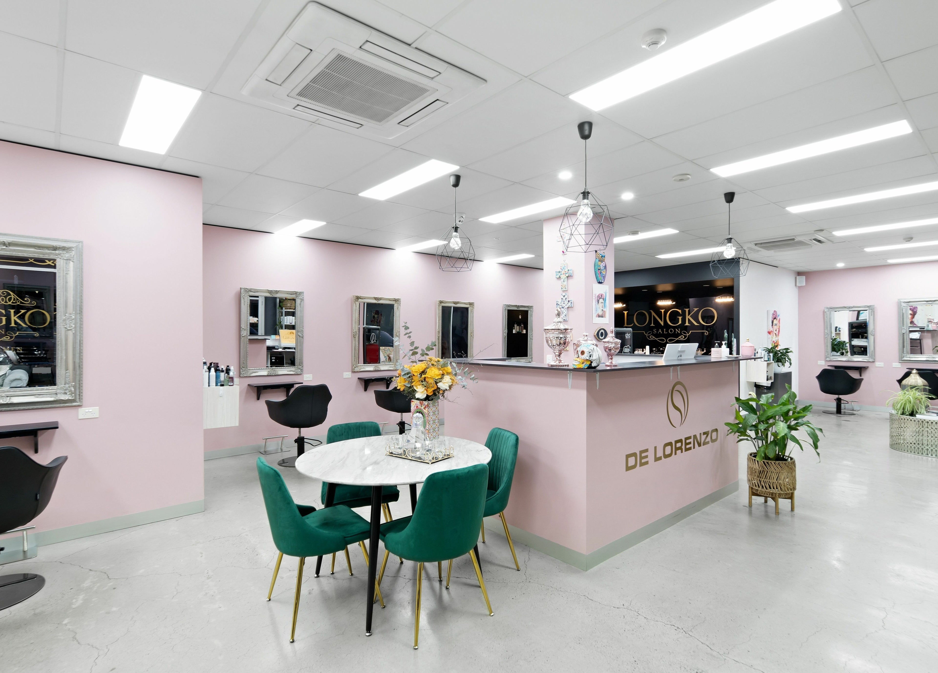 Chic interior of Longko Salon in Mawson Lakes, South Australia, AU with stylish décor and pastel walls.