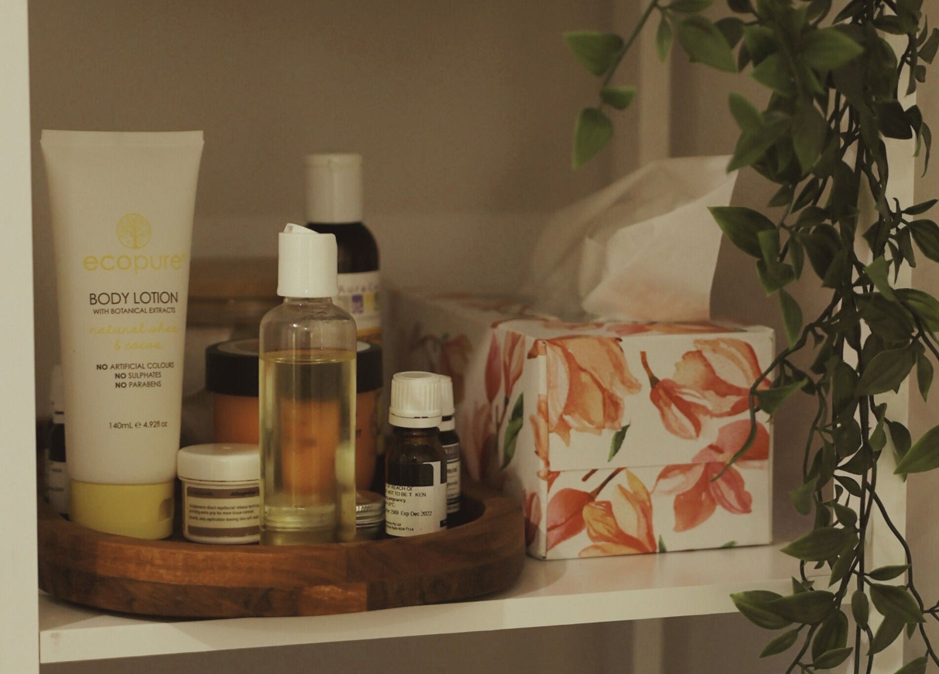 Shelves with skincare products at The Hub Remedial Massage in Caringbah, New South Wales, AU
