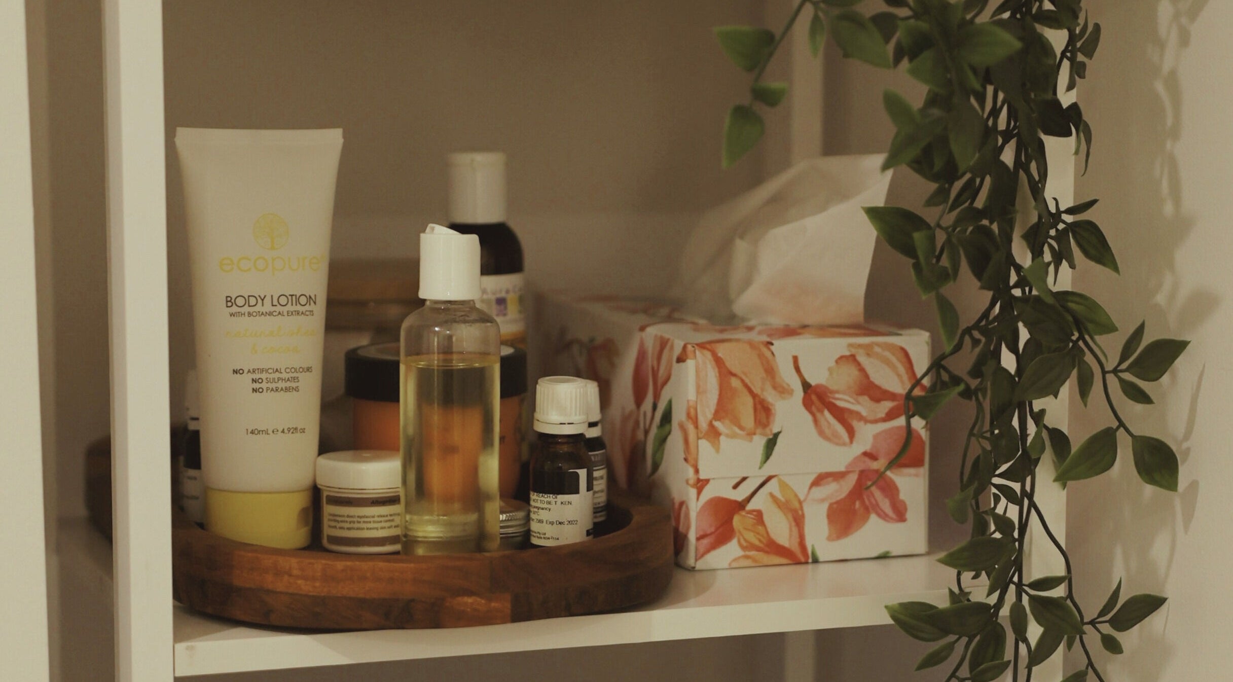 Shelves with skincare products at The Hub Remedial Massage in Caringbah, New South Wales, AU