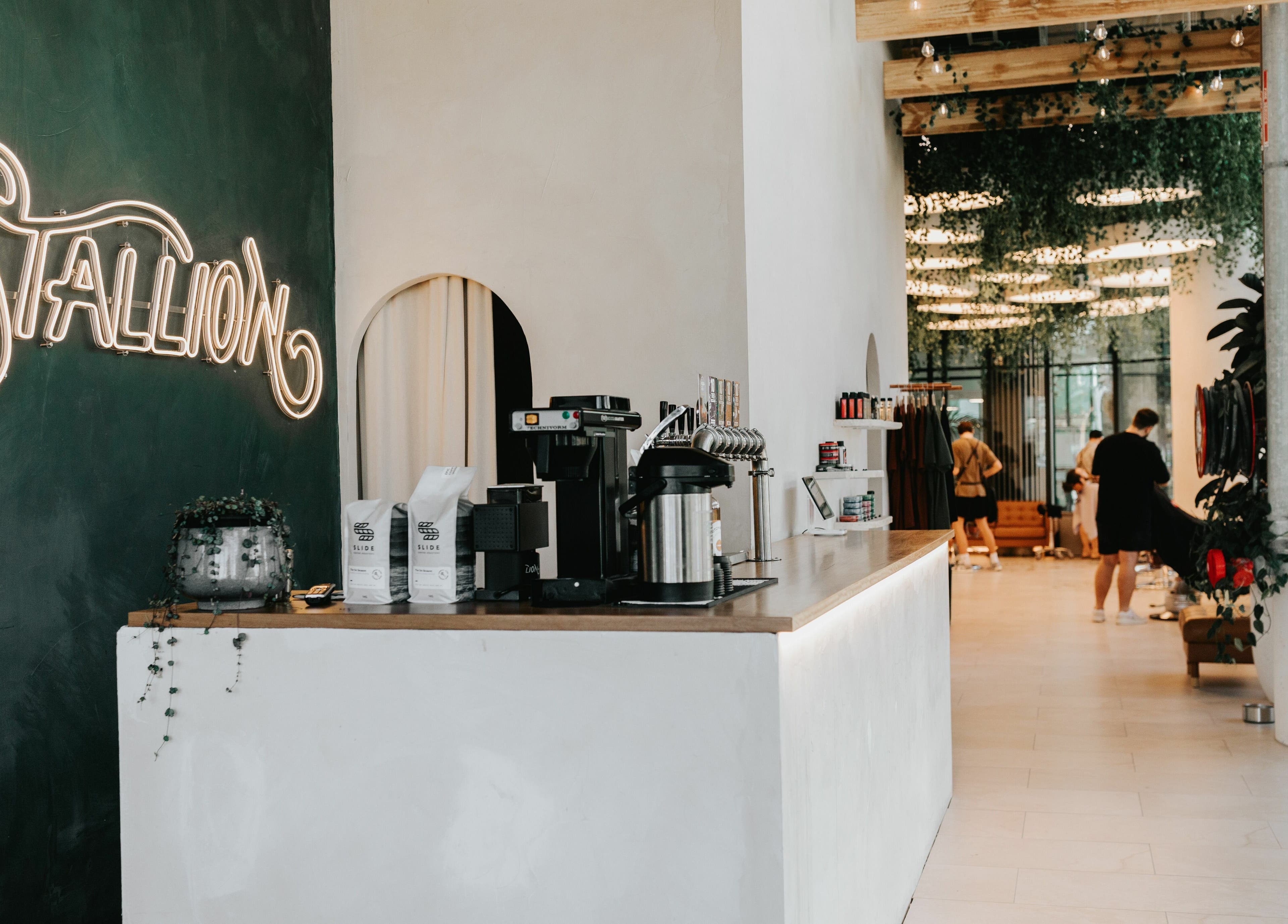 Chic interior of Stallion salon in Maroochydore, QLD, AU with modern decor and relaxing ambiance.