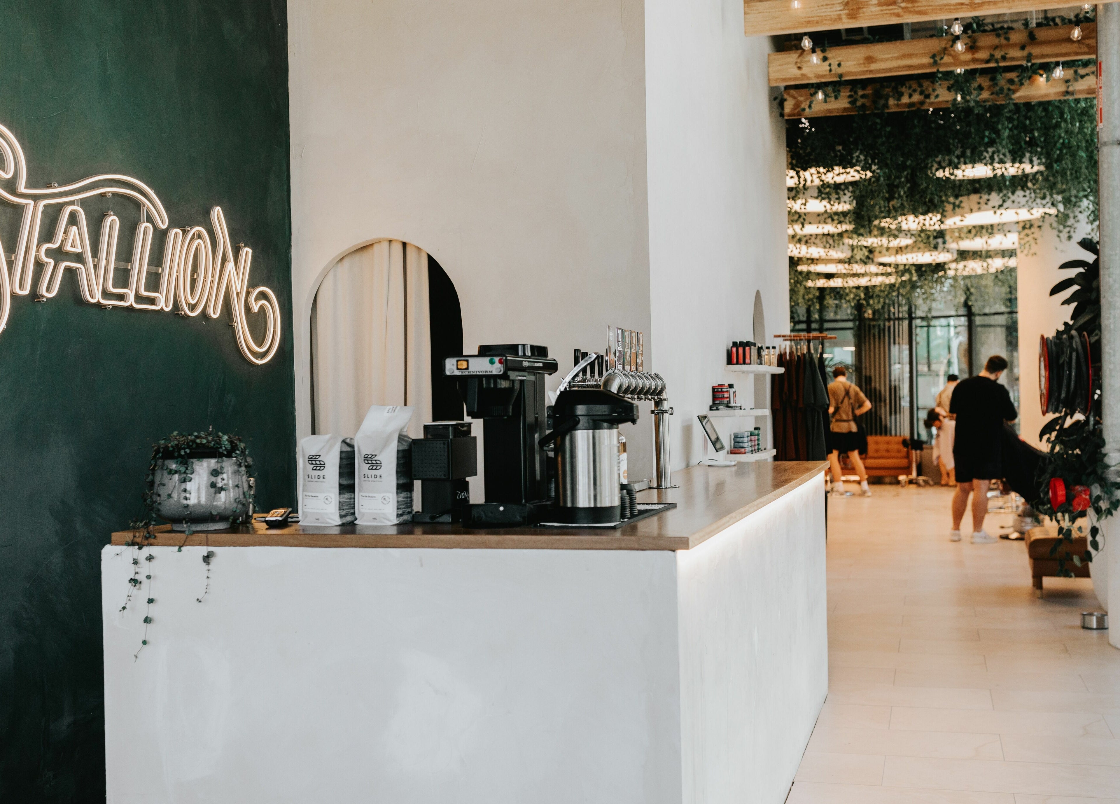 Chic interior of Stallion salon in Maroochydore, QLD, AU with modern decor and relaxing ambiance.