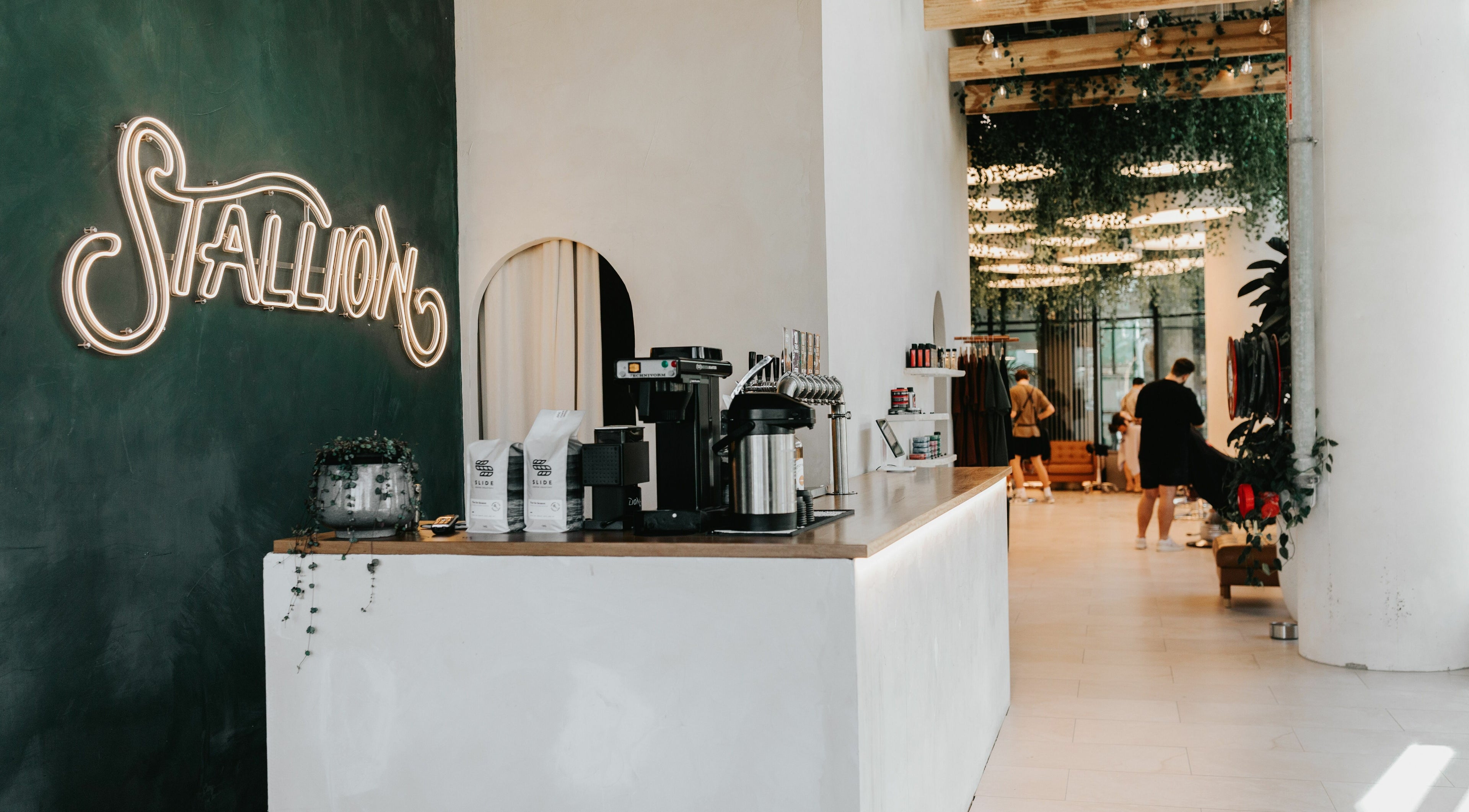 Chic interior of Stallion salon in Maroochydore, QLD, AU with modern decor and relaxing ambiance.