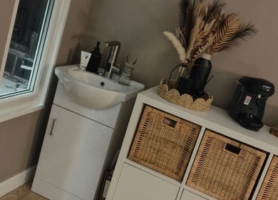 Cozy corner with sink and storage at The Cosmetic Lodge, Hull, England, GB.