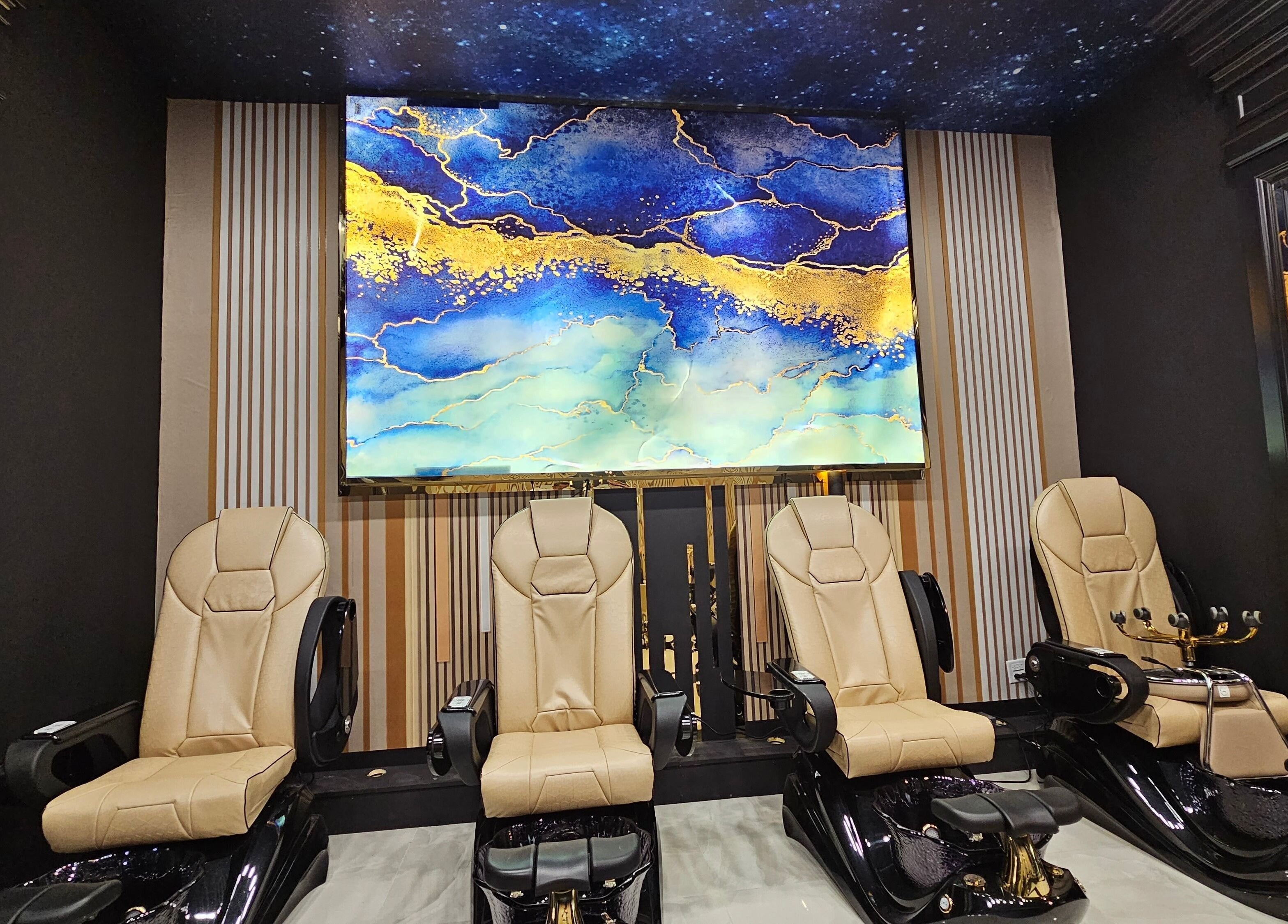 Luxurious pedicure chairs and vibrant art at MV Nail Bar and Spa, Jeffersonville, Indiana, US.