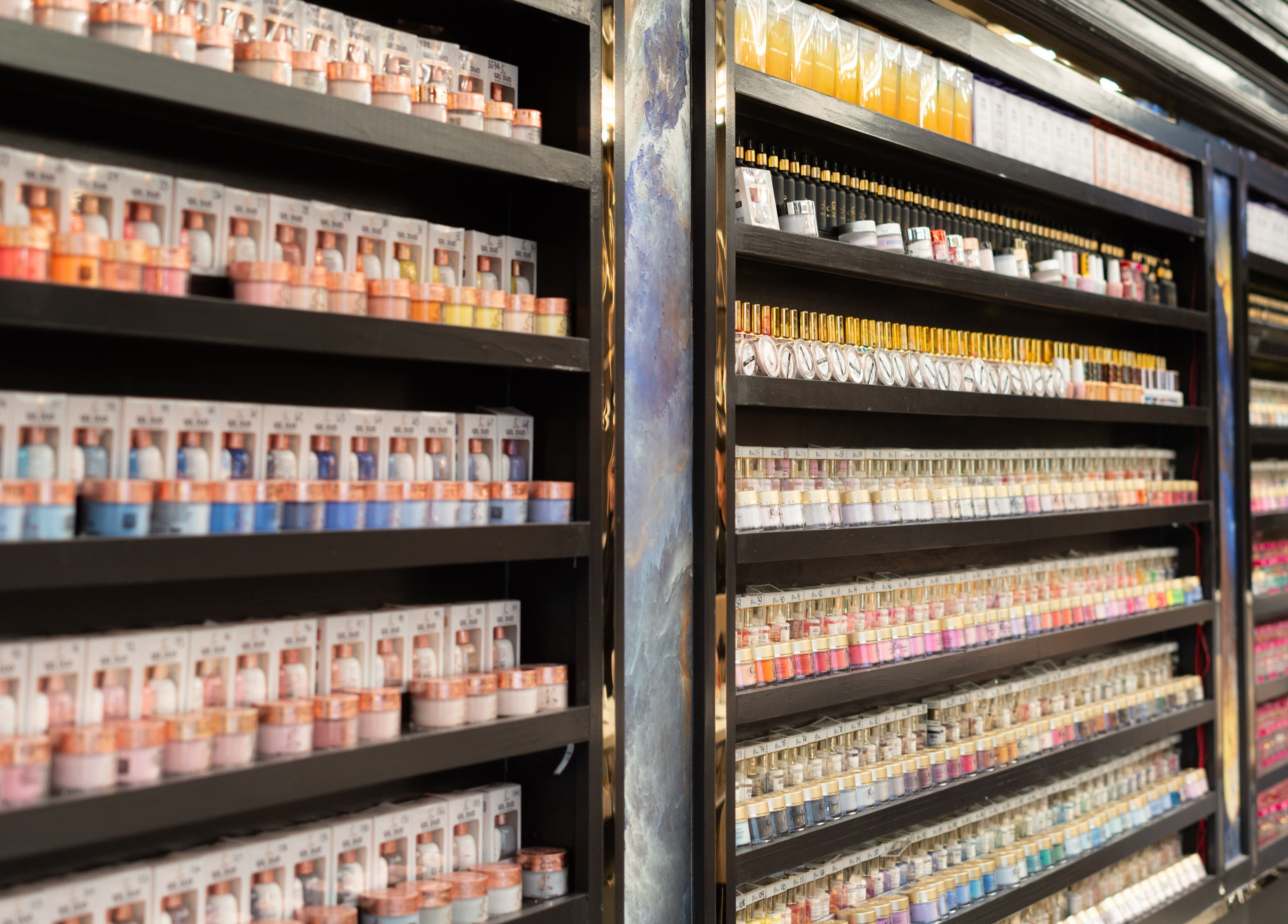 Colorful nail polish display at MV Nail Bar and Spa, Jeffersonville, Indiana, US.