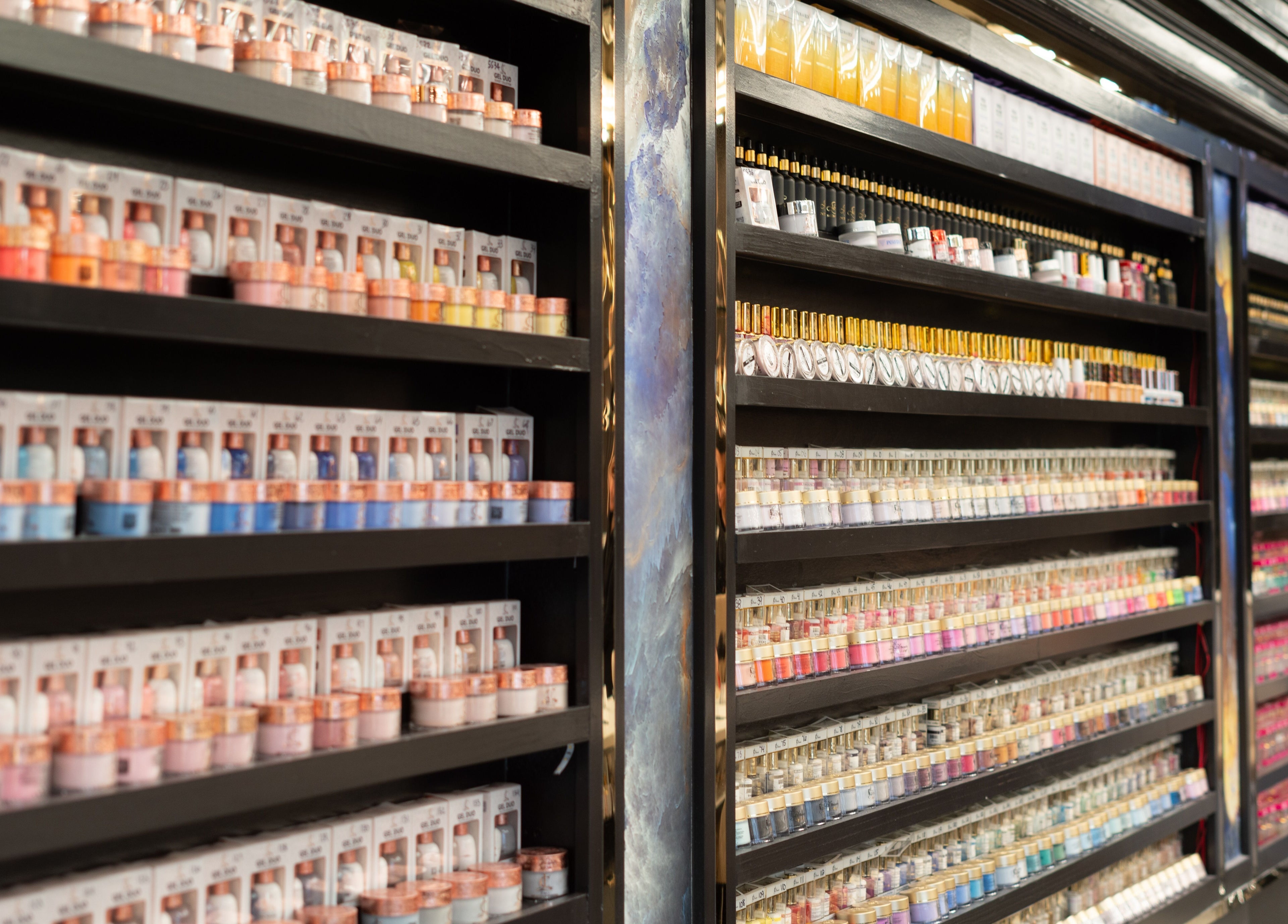 Colorful nail polish display at MV Nail Bar and Spa, Jeffersonville, Indiana, US.