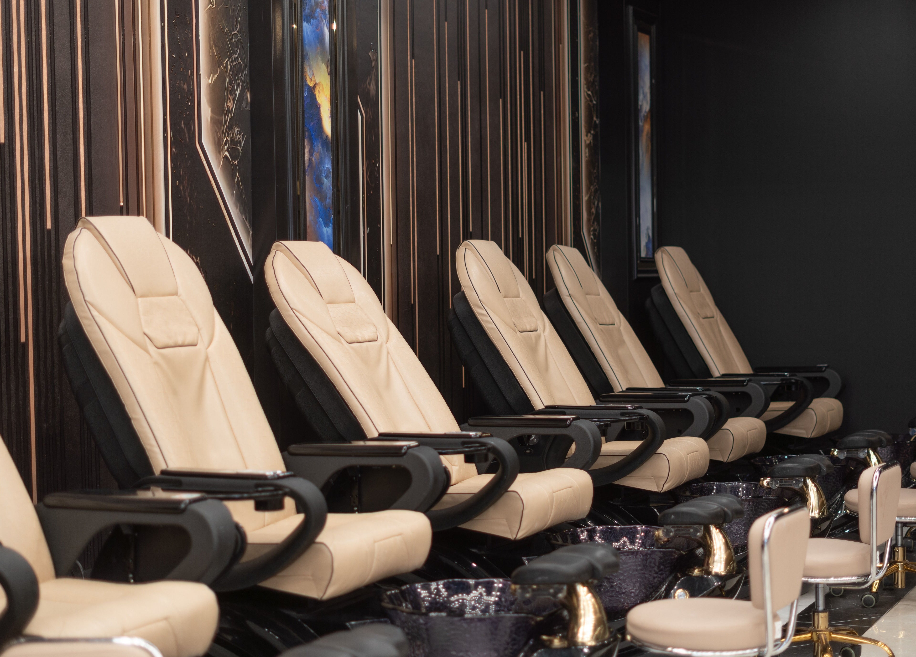 Elegant pedicure chairs at MV Nail Bar and Spa in Jeffersonville, Indiana, US, promoting relaxation and style.