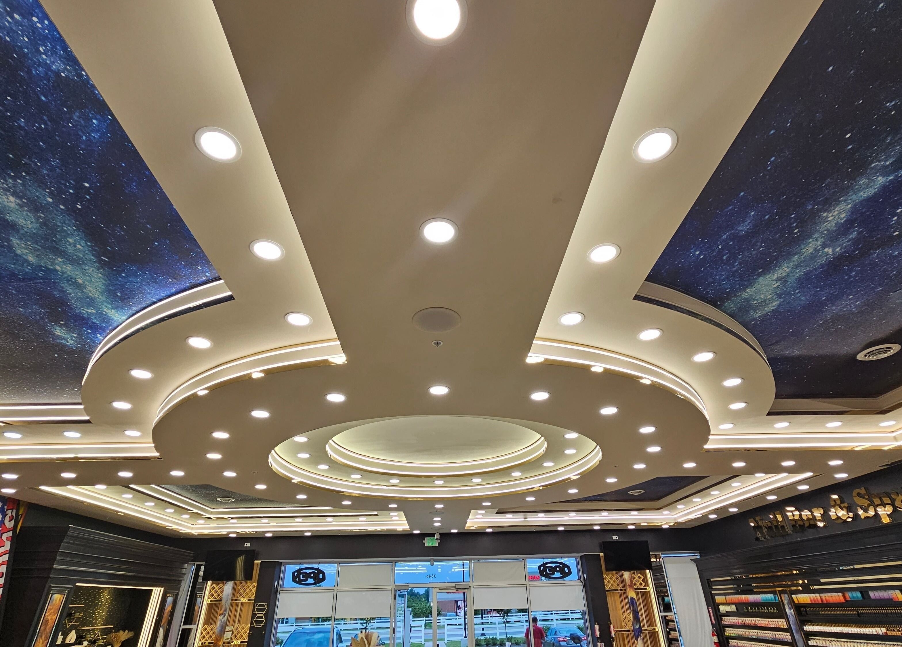 Stunning starry ceiling at MV Nail Bar and Spa in Jeffersonville, Indiana, US offers a relaxing atmosphere.