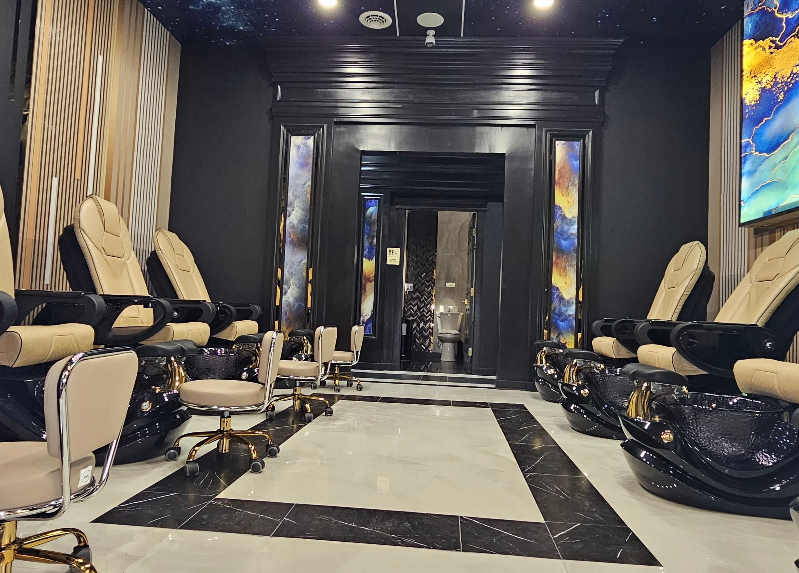Elegant pedicure chairs at MV Nail Bar and Spa in Jeffersonville, Indiana, US, showcasing modern luxury.