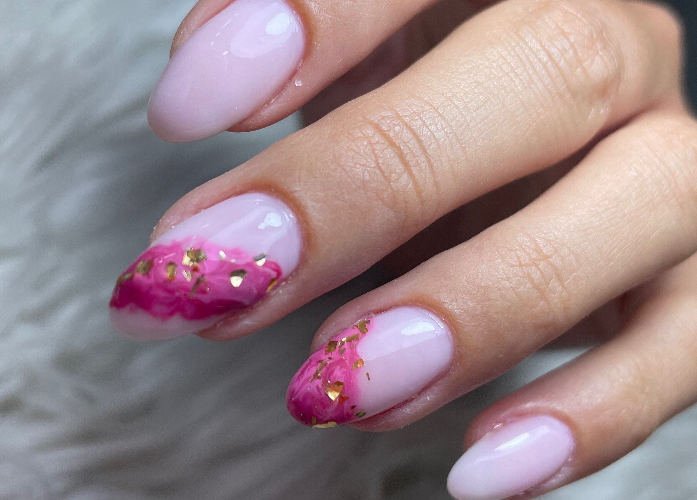 Chic pink nail art with gold accents at Léa HD Beauty Concept, Tripoli, North Governorate, LB.