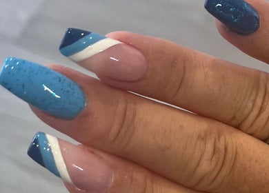 Elegant blue nails design at Skinergy by Leona, Manchester, England, GB.