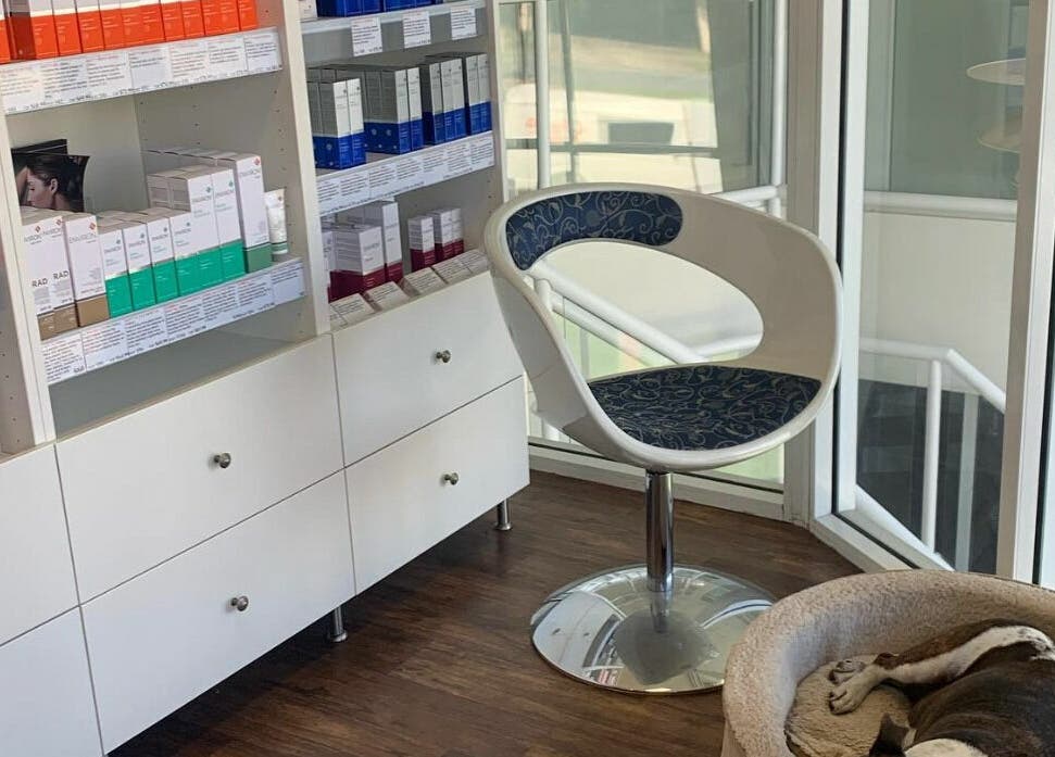 Cozy corner with skincare display at E-Sab Clinic, Benowa, Queensland, AU.