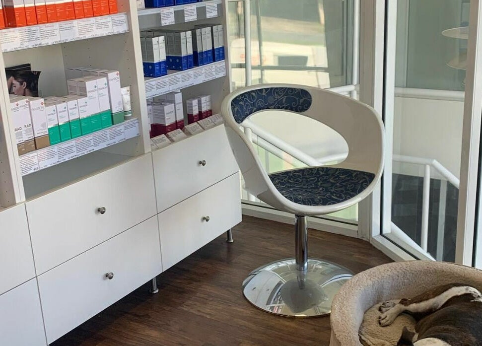 Cozy corner with skincare display at E-Sab Clinic, Benowa, Queensland, AU.