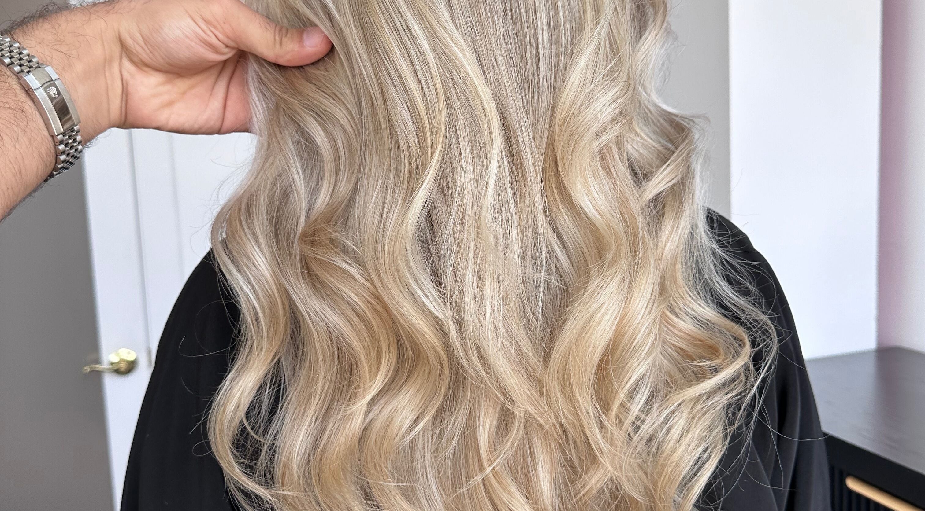 Blonde wavy hair styled at Beauty By Lid Hair Salon, Santa Clarita, California, US.