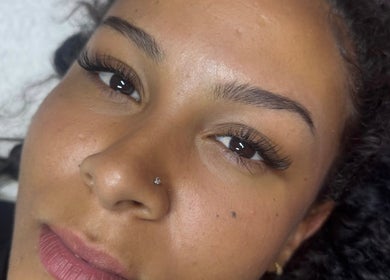 Close-up of elegant lash extensions at Larbella Beauty, London, England, GB.