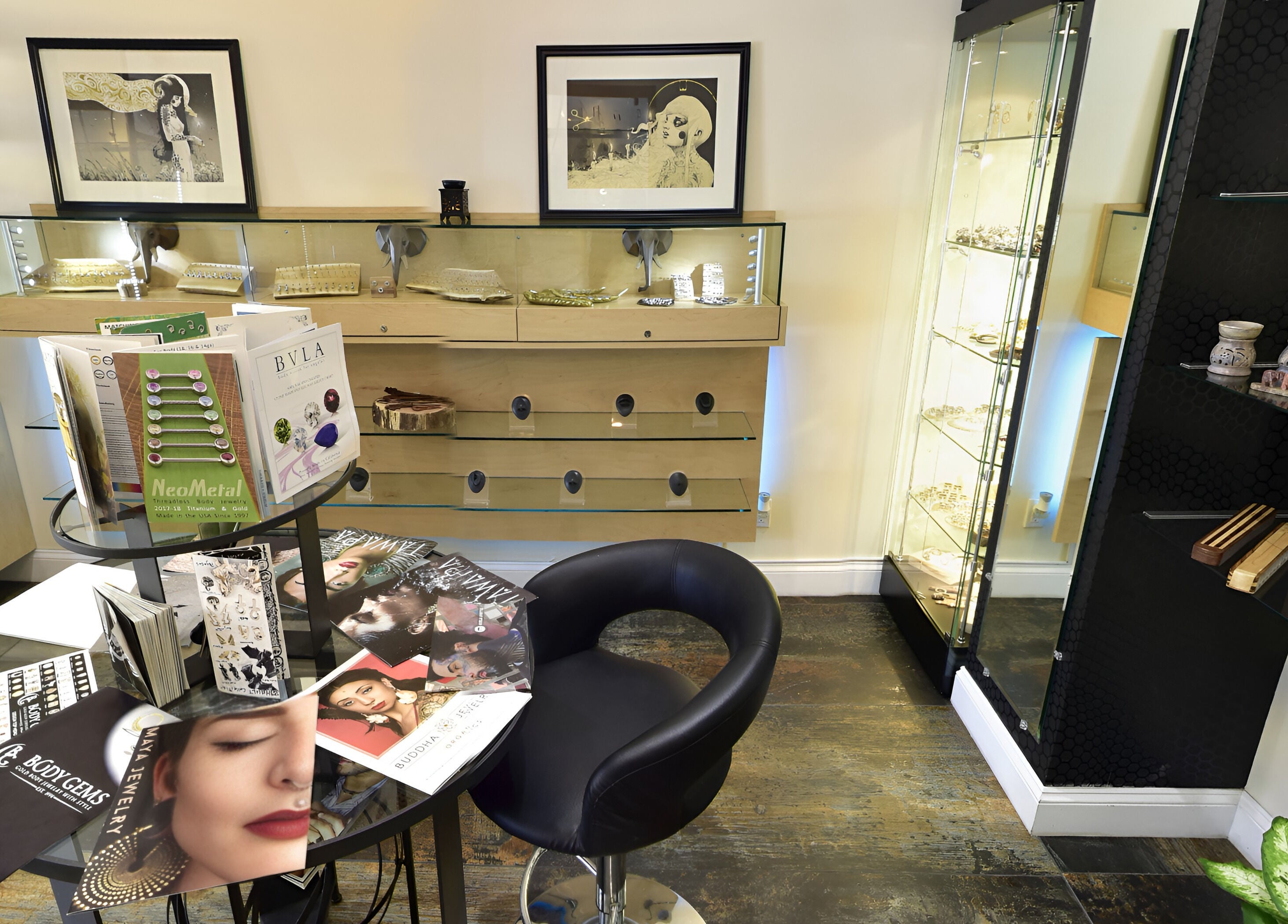 Stylish interior of True Expression Piercing Studio, showcasing jewelry in New York, New York, US.