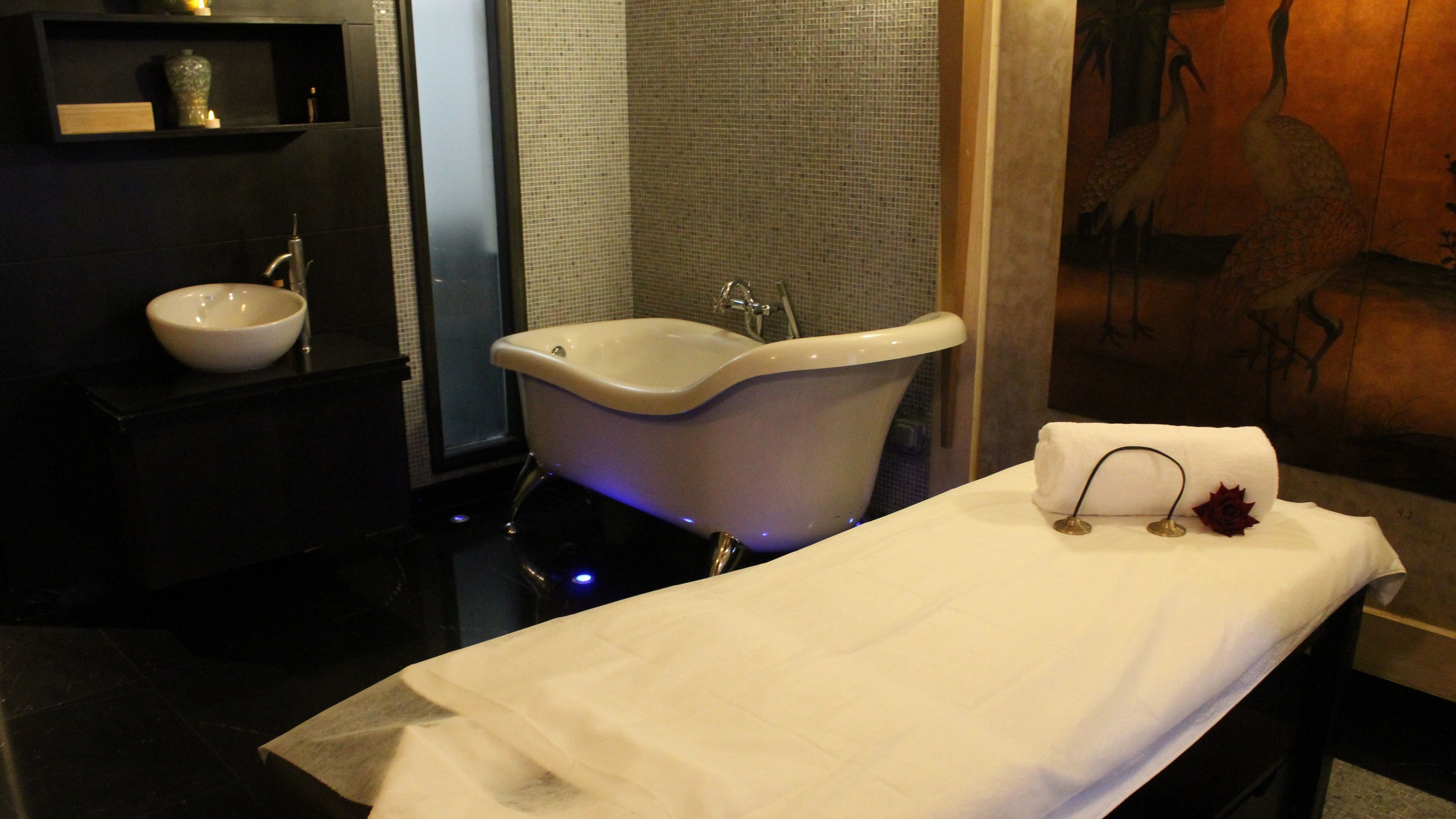 Luxurious spa at DWS-Radisson Blu Hotel - Dubai Media City, Dubai, Dubai, AE featuring bathtub and massage table.