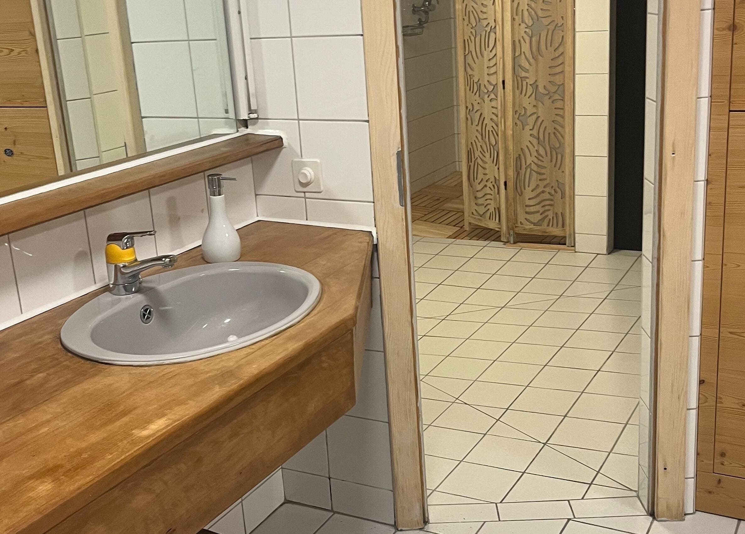 Calm washroom area at Izzy Spa in Val De Bagnes, Valais, CH featuring a wooden sink and mirror.