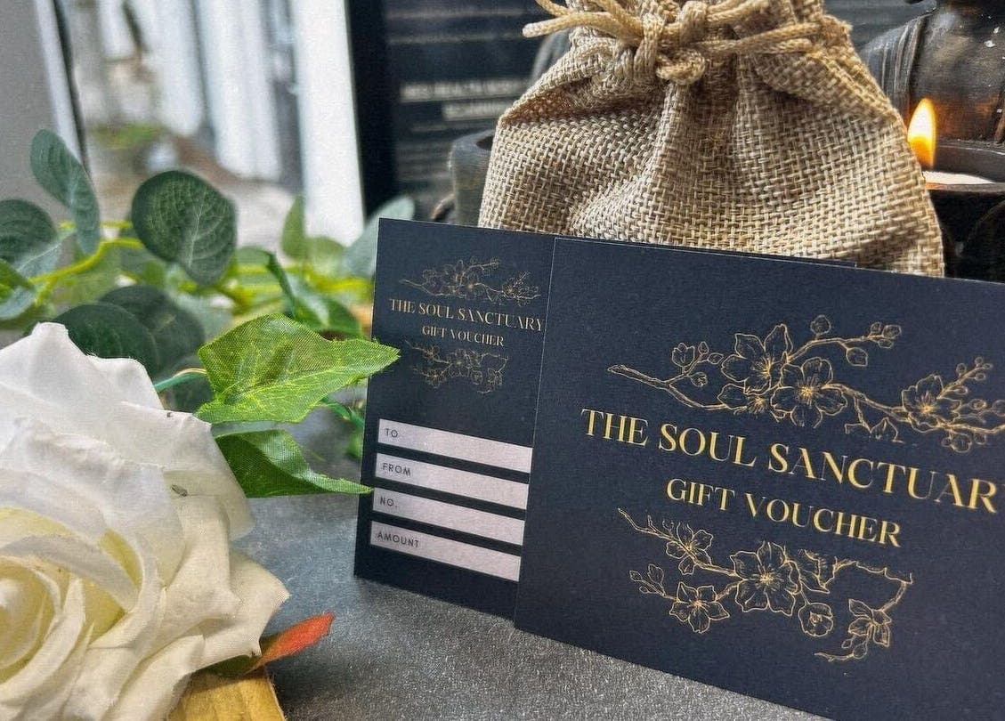 Gift voucher display at The Soul Sanctuary in Garstang, England, GB with elegant floral design.