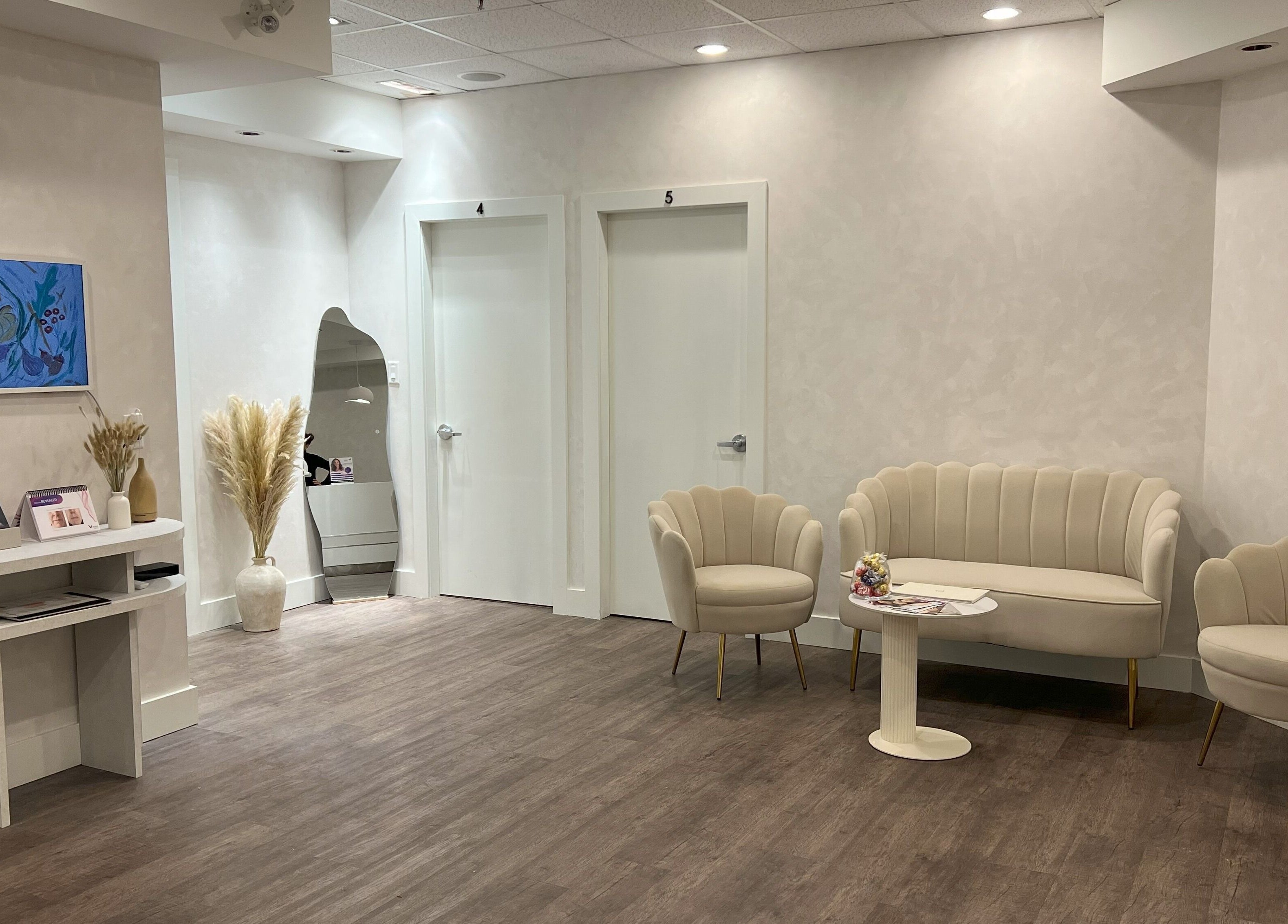 Elegant seating area at Oasis Aesthetics Spa - Marine, West Vancouver, British Columbia, CA.