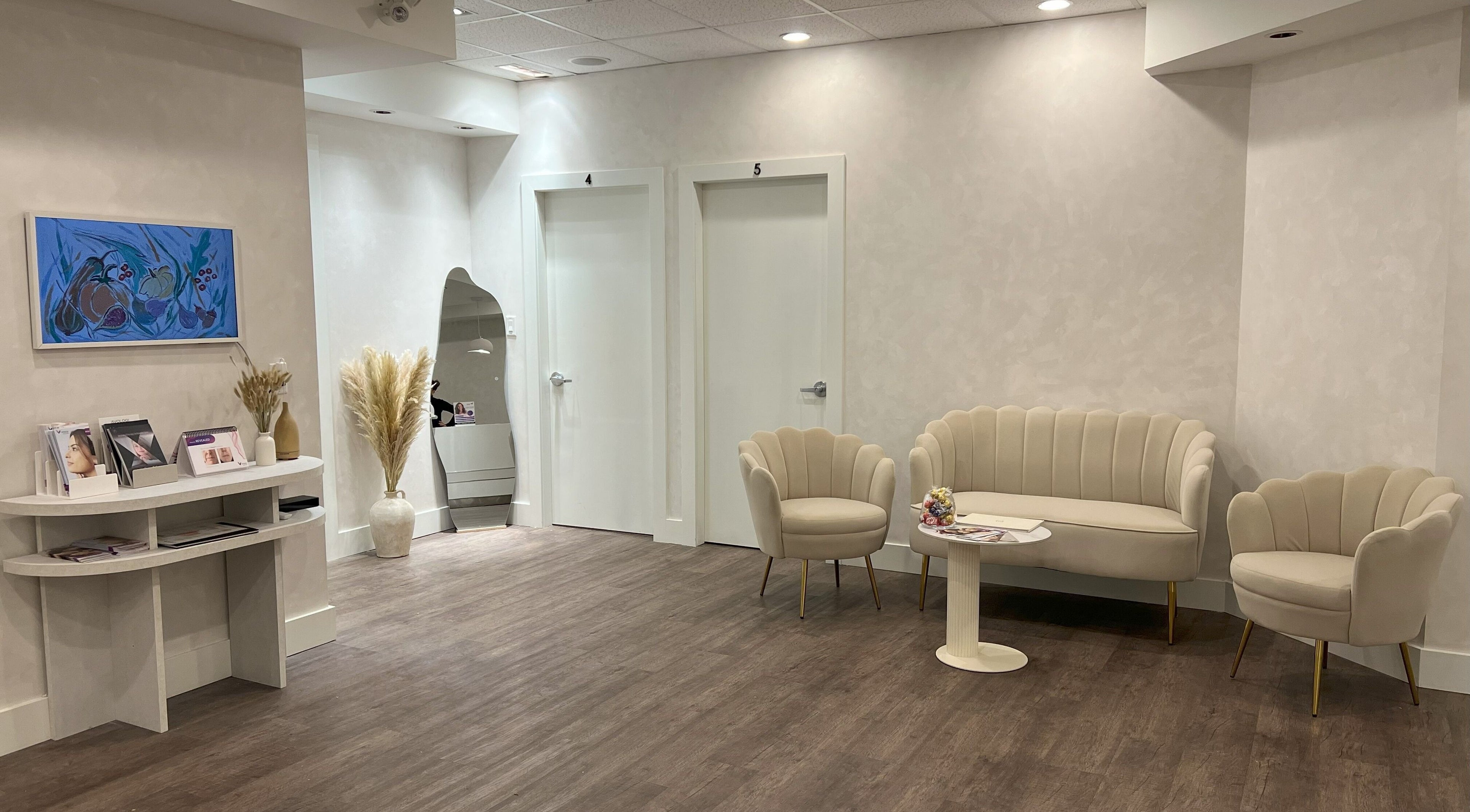 Elegant seating area at Oasis Aesthetics Spa - Marine, West Vancouver, British Columbia, CA.
