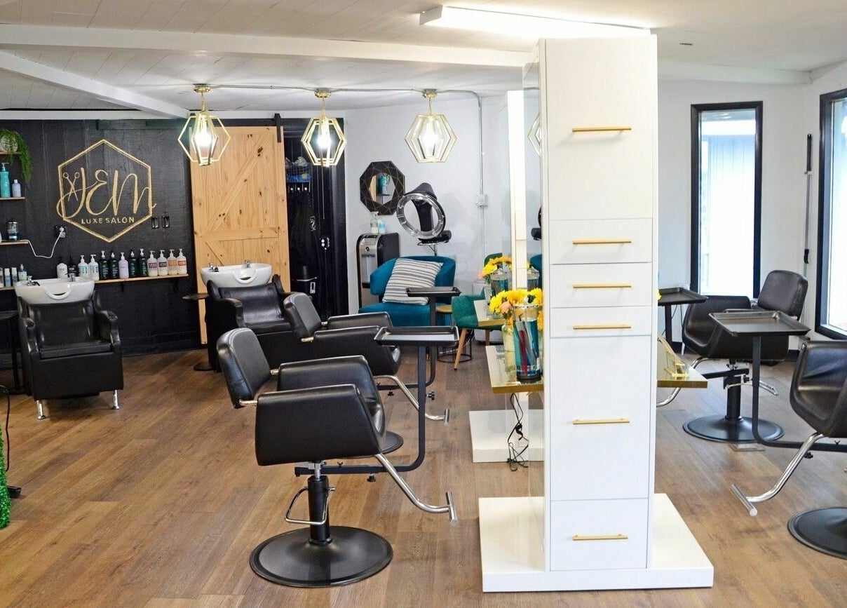 Modern salon chairs and decor at JEM Luxe Salon LLC, Coloma, Michigan, US.