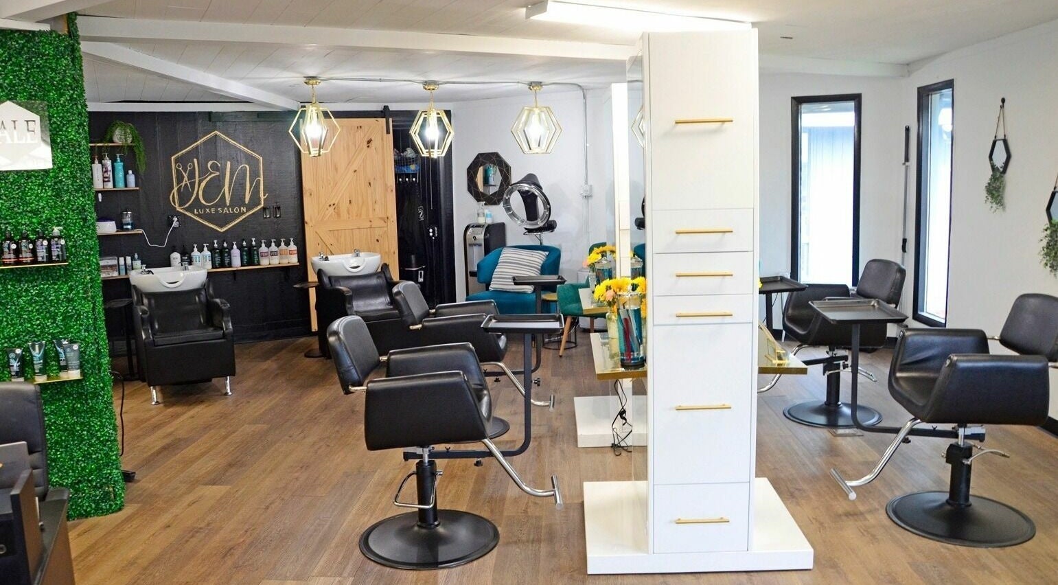 Modern salon chairs and decor at JEM Luxe Salon LLC, Coloma, Michigan, US.