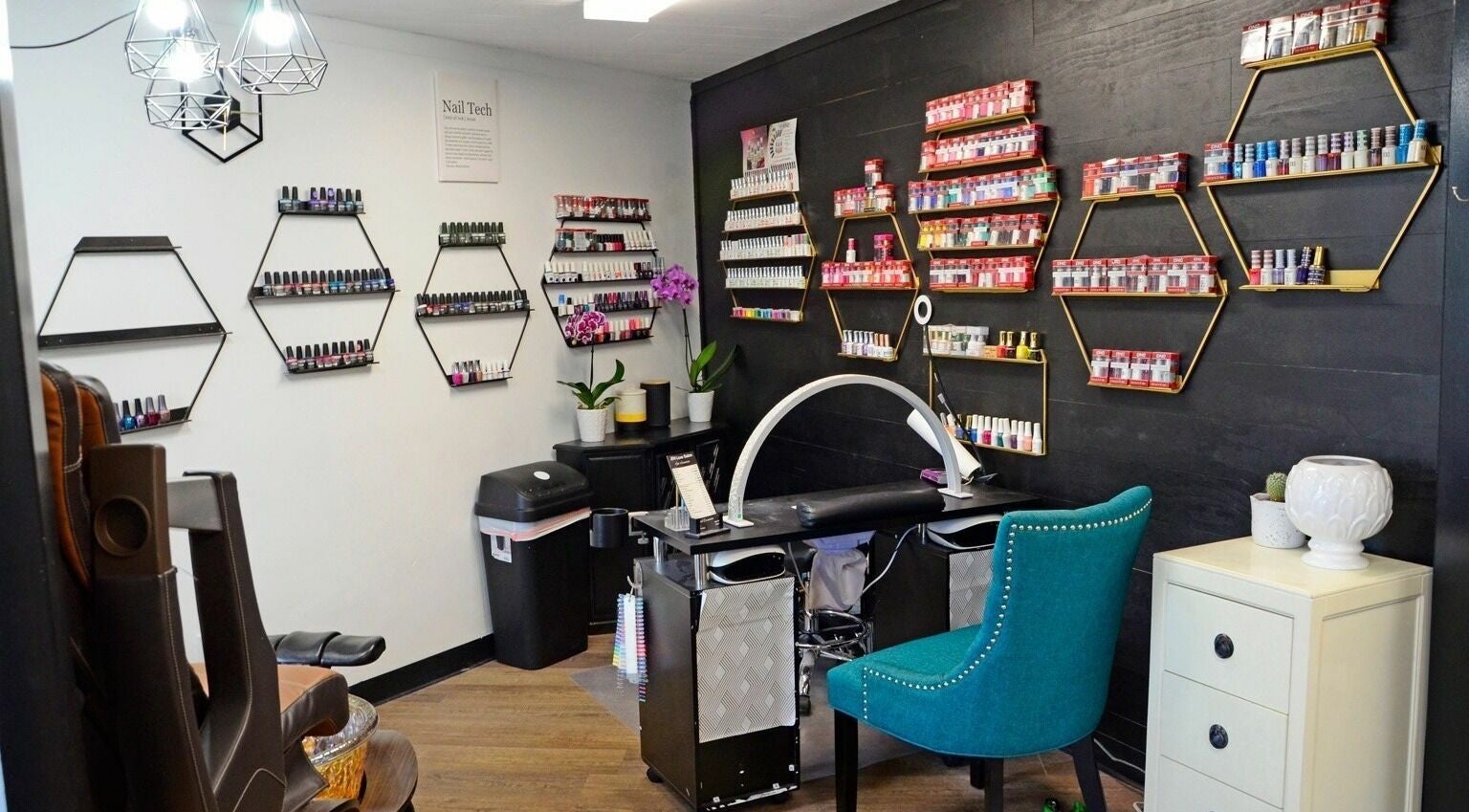 Nail polish displays at JEM Luxe Salon LLC in Coloma, Michigan, US, showcasing vibrant beauty and wellness.