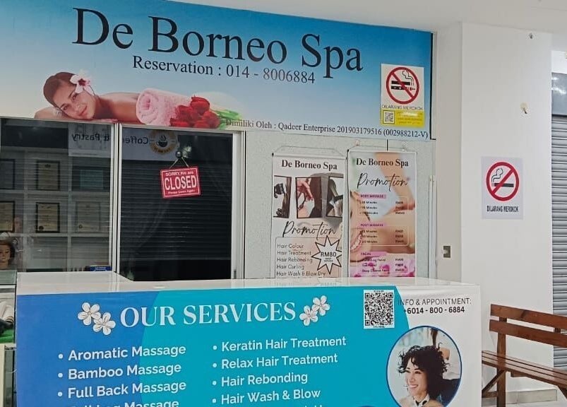 Welcoming entrance of De Borneo Hair & Spa in Langkawi, Kedah, MY showcasing services and promotions.