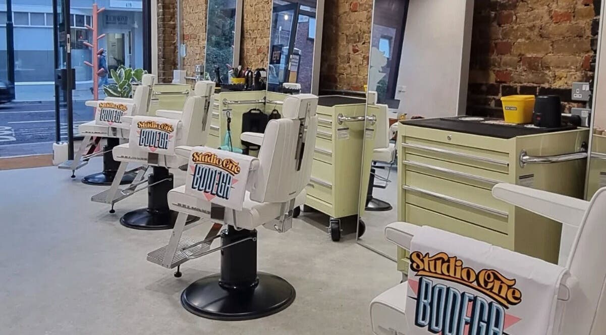 Elegant salon chairs at Studio One Bodega, Twickenham, England, GB, ready for a beauty treatment.