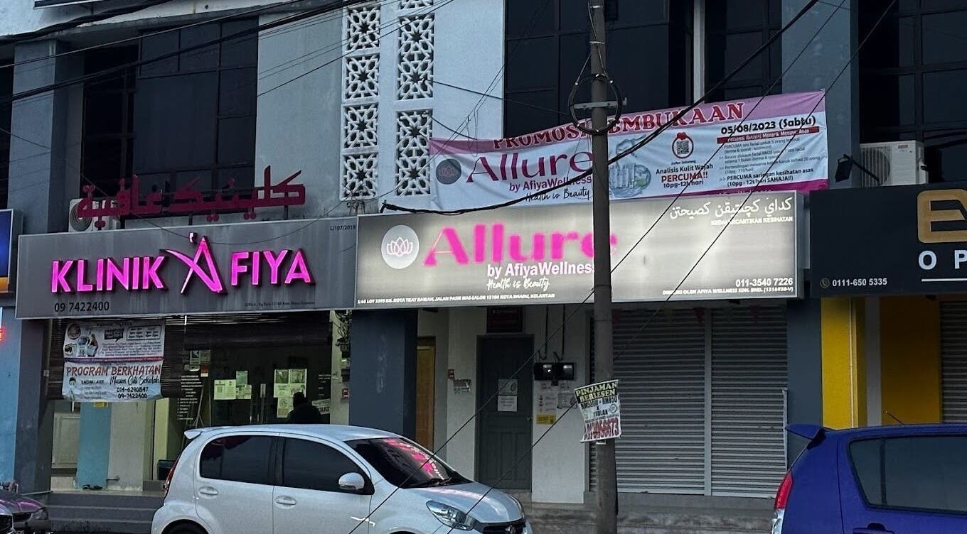 Front view of Allurv wellness center, Kota Bharu, Kelantan, MY with vibrant signage.