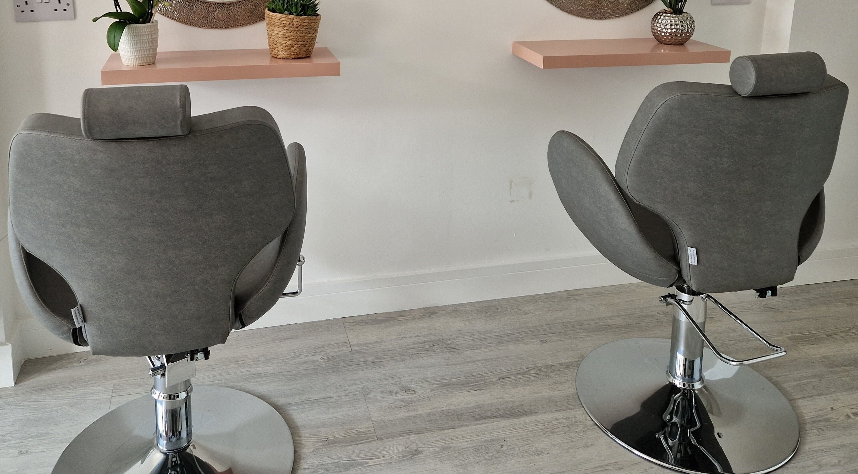 Stylish salon chairs at Contour & Glow by Sej, Wellingborough, England, GB.