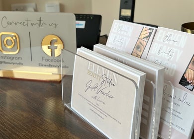 Social media display and gift vouchers at Eleven Beauty Studio, Keighley, England, GB.