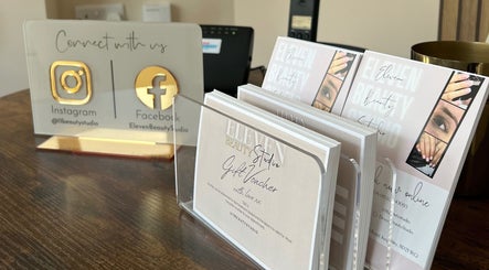 Social media display and gift vouchers at Eleven Beauty Studio, Keighley, England, GB.