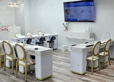 Chic interior of Plush Nail Salon Ii in Glenview, Illinois, US, featuring stylish manicure stations and decor.