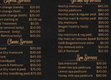 Price list of nail and spa services at Plush Nail Salon Ii, Glenview, Illinois, US.
