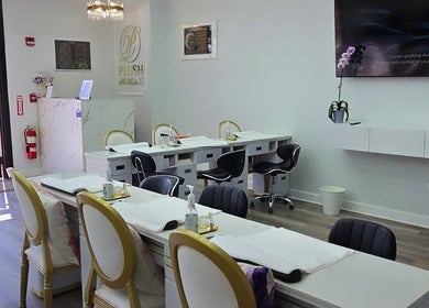 Elegant interior of Plush Nail Salon Ii in Glenview, Illinois, US with well-organized nail stations.