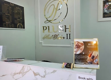 Reception desk at Plush Nail Salon II, Glenview, Illinois, US with price list and logo displayed.