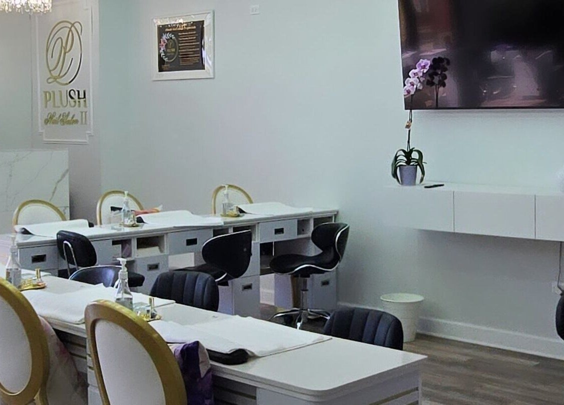 Modern nail station setup at Plush Nail Salon Ii in Glenview, Illinois, US, featuring elegant decor.