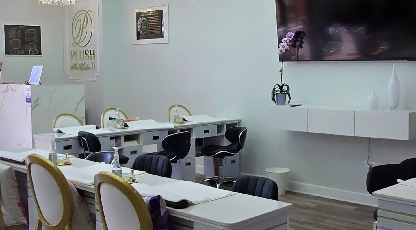 Modern nail station setup at Plush Nail Salon Ii in Glenview, Illinois, US, featuring elegant decor.