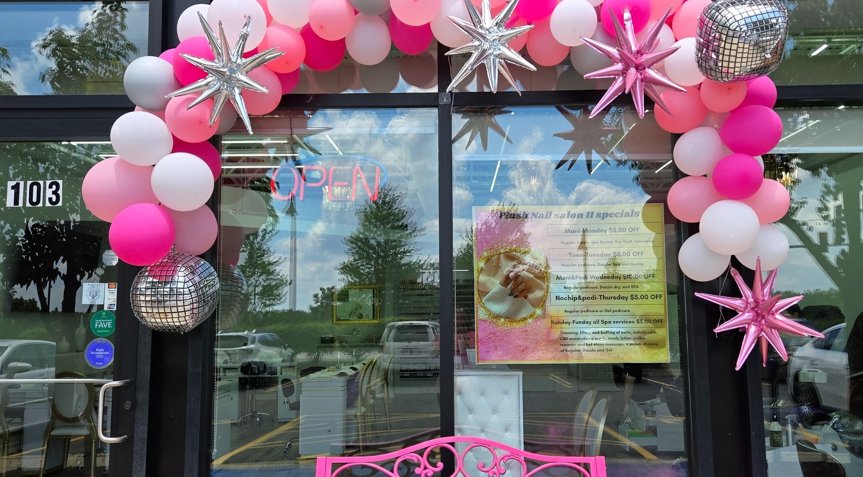 Stylish entrance of Plush Nail Salon II in Glenview, Illinois with pink and silver balloon decor.