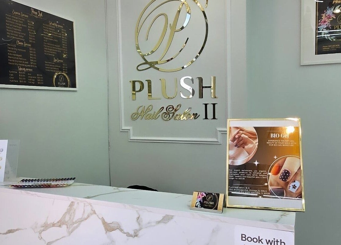 Reception desk at Plush Nail Salon II, Glenview, Illinois, US, showcasing elegant interior design and services.