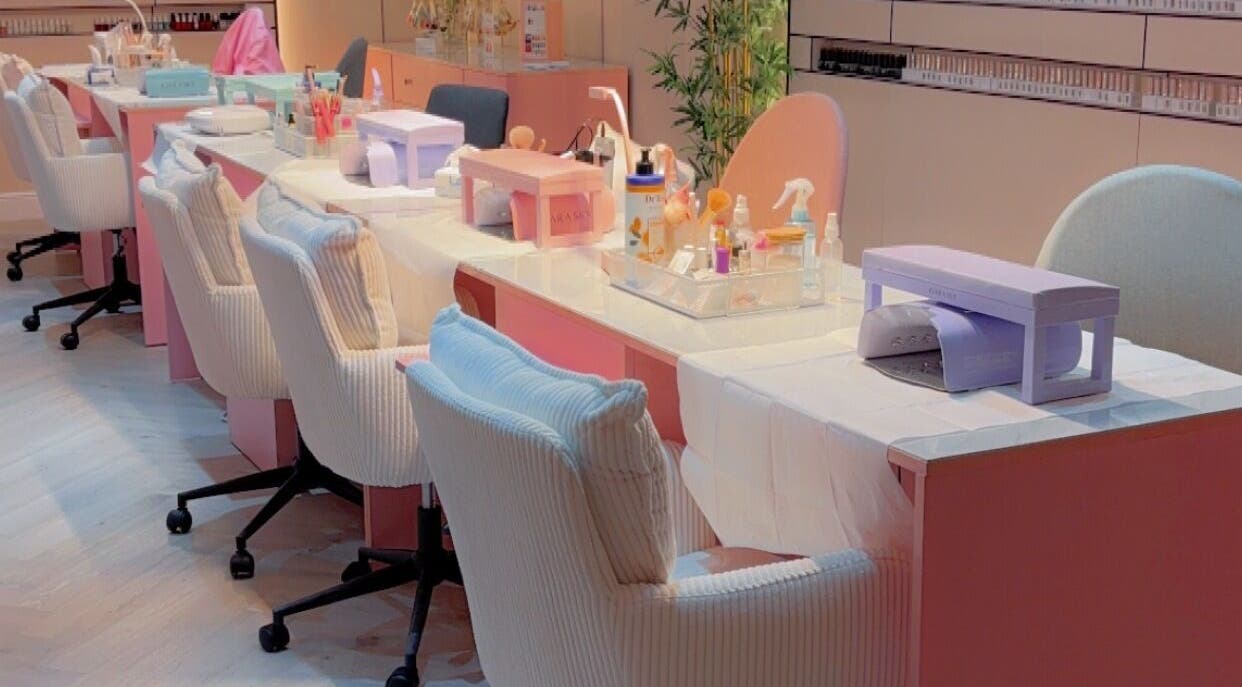 Elegant nail stations at Pink Door Salon صالون الباب الوردي, Riyadh, Riyadh Province, SA, with pastel decor.