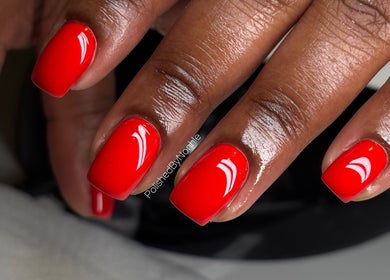 Close-up of vibrant red manicured nails at Polished, Berea, Kwazulu-natal, ZA.