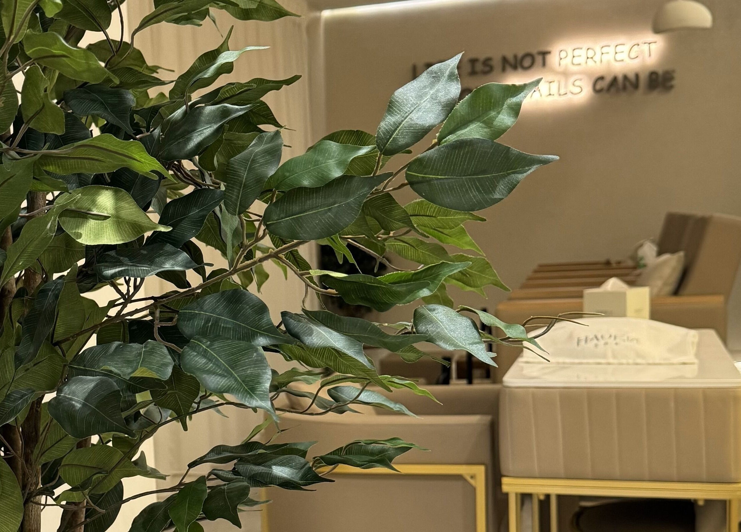 Elegant seating at Haven Spa Khalifa Branch, Abu Dhabi with lush greenery for a soothing ambiance.