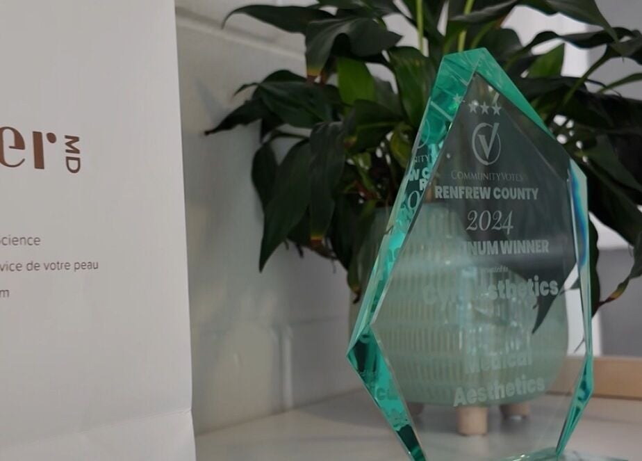 Cyr Aesthetics trophy display in Petawawa, Ontario, CA celebrates its 2024 award for outstanding aesthetics services.