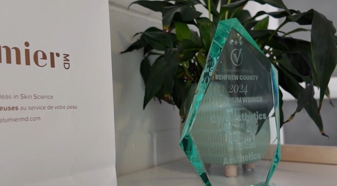 Cyr Aesthetics trophy display in Petawawa, Ontario, CA celebrates its 2024 award for outstanding aesthetics services.