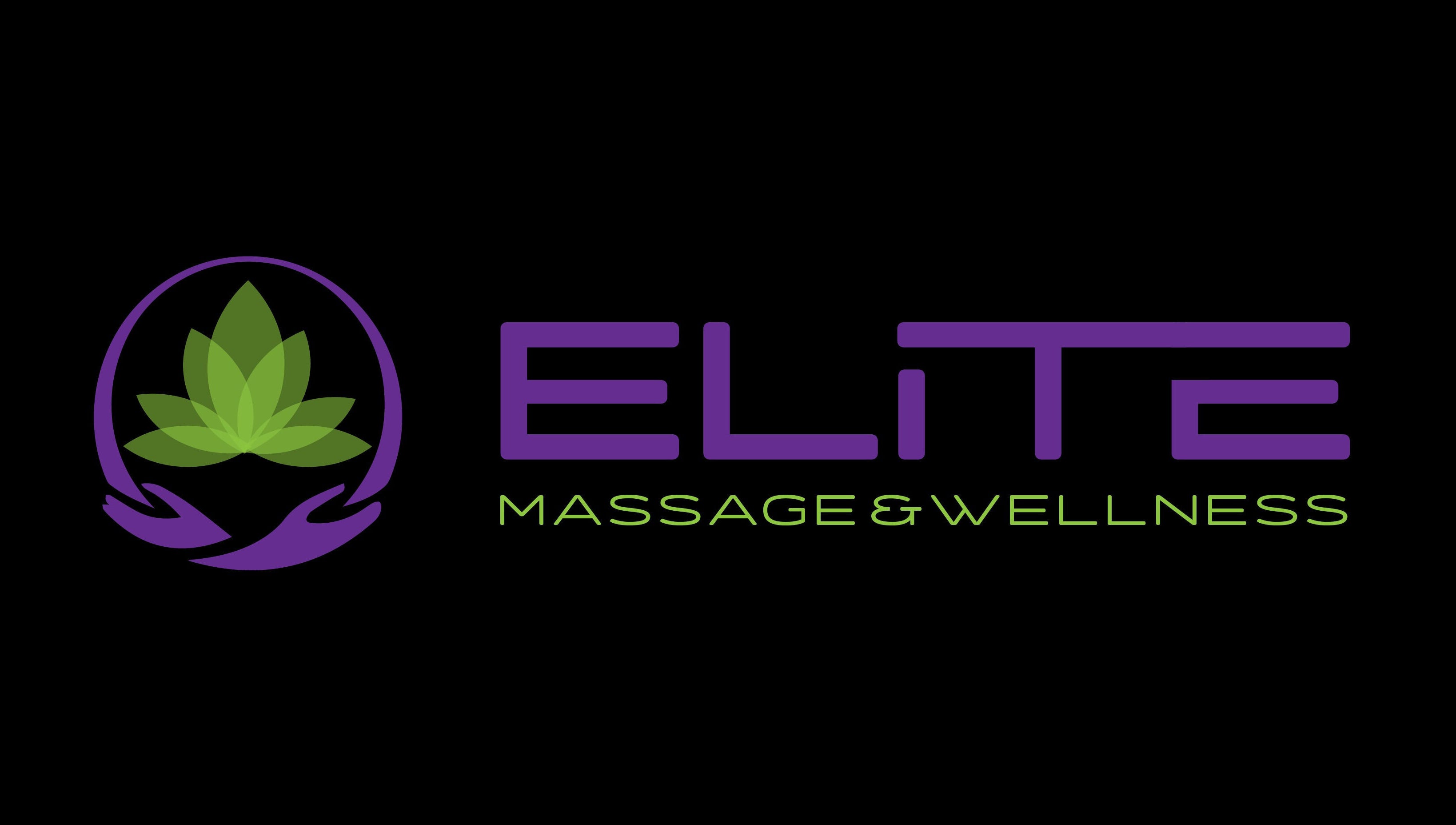 Elite Massage & Wellness logo with purple text and green leaf emblem, Bloomfield, Connecticut, US.