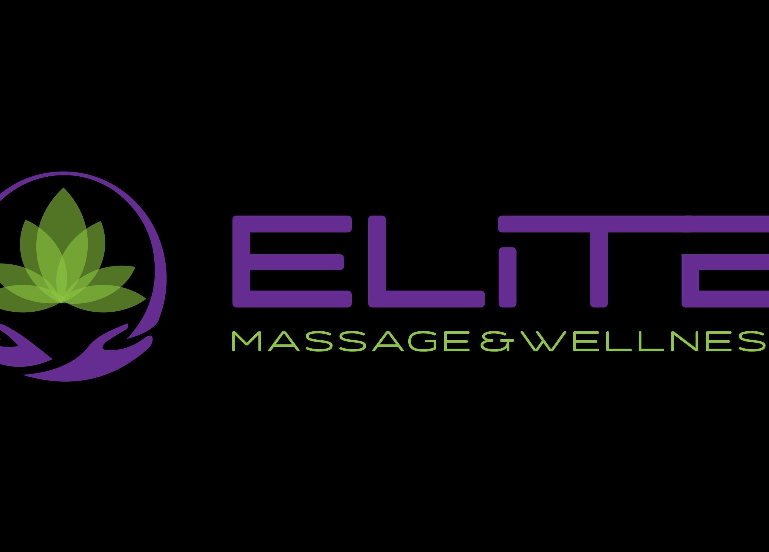 Elite Massage & Wellness logo with purple text and green leaf emblem, Bloomfield, Connecticut, US.